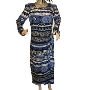 Leslie Lucks Long Vintage Faux Wrap Side Tie Long Sleeved Print Dress Size 6 VGC